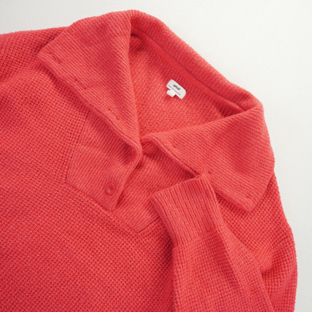 Aerie Women L Coral Red Waffle Knit Oversized Henley Sweater Collar Pullover‎